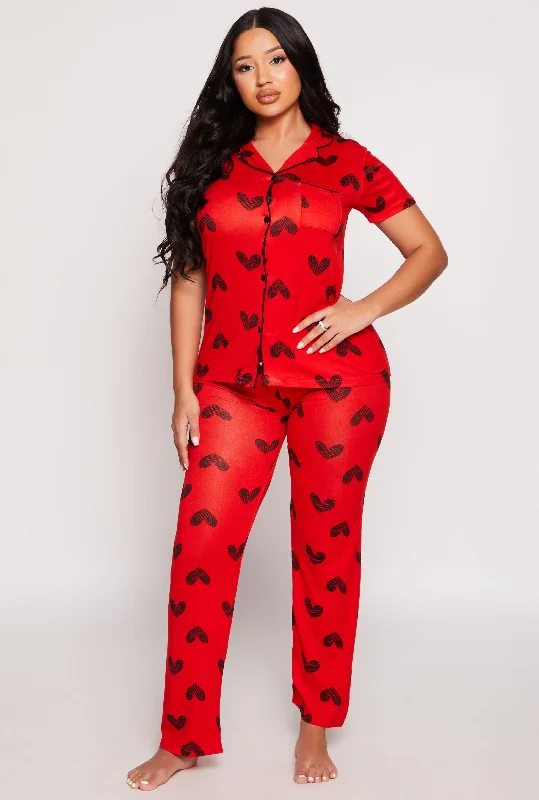 Women's Elegant Evening Attire Soft Knit Heart Print Pajama Shirt and Pants