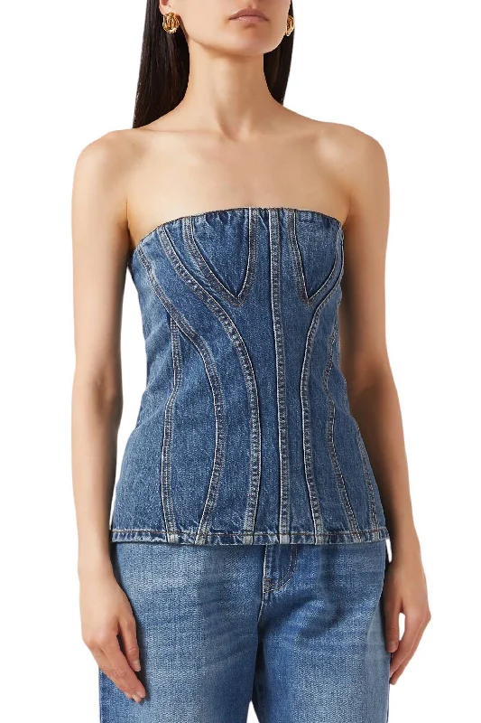 Women's Resort Apparel Denim Bustier Top In Mid Blue