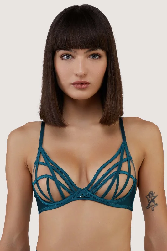 Women's Resort Apparel Ramona Teal Strap Detail Illusion Mesh Bra