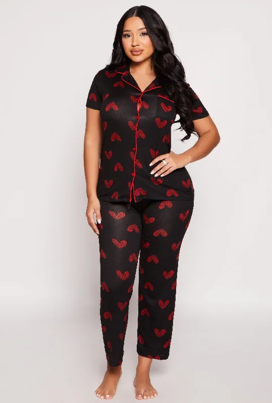 Casual Garments For Women Soft Knit Heart Print Pajama Shirt and Pants