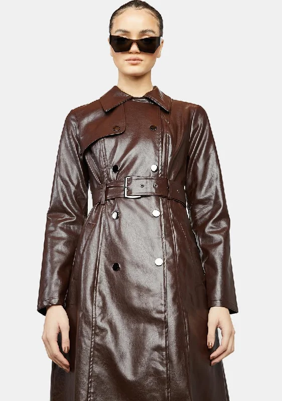 Women's Holiday Clothes Coffee Dominance Overload Faux Leather Trench Coat