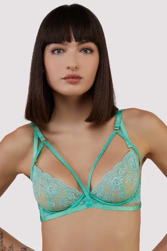 Casual Chic Clothing For Women Sarina Green Embroidery Strap Plunge Bra With Detachable Harness