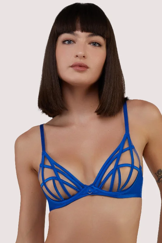 Affordable Fashion Clothing For Women Ramona Cobalt Blue Strap Detail Illusion Sheer Plunge Bra