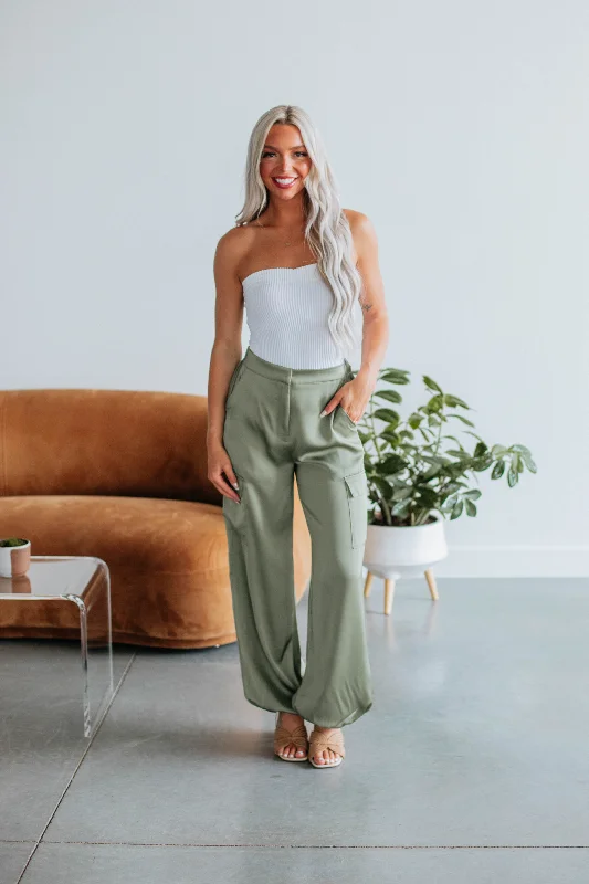 Women's Evening Wear Outfit Adara Satin Cargo Pants - Olive