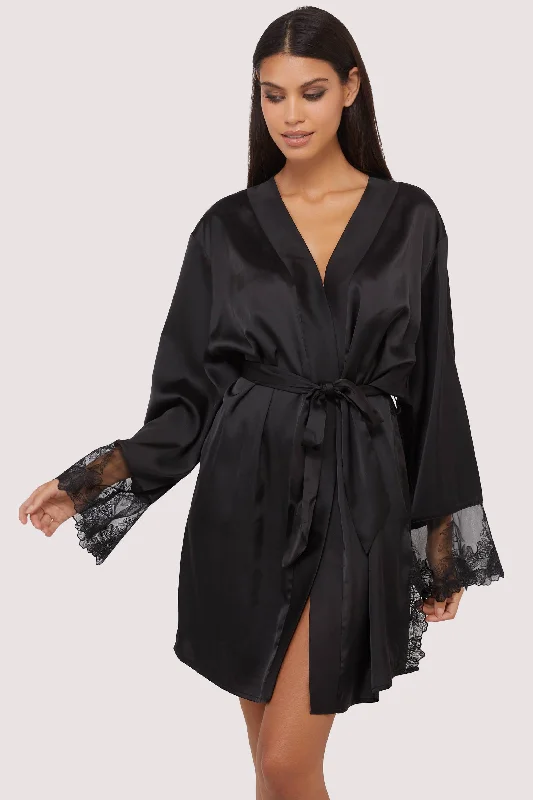 Women's Active Outfit For Fitness Eleanor Black Satin & Embroidery Robe