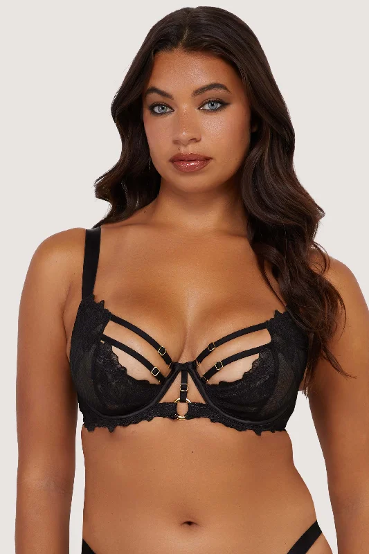 Comfortable Women's Apparel Eleanor Black Strappy Embroidery Balconette Bra