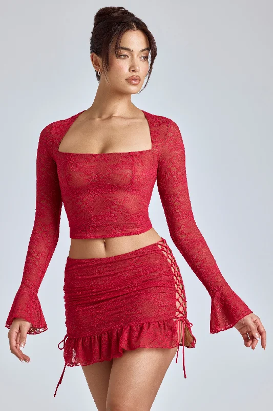 Women's Luxury Attire Lace Ruffle Mini Skirt in Cherry Red