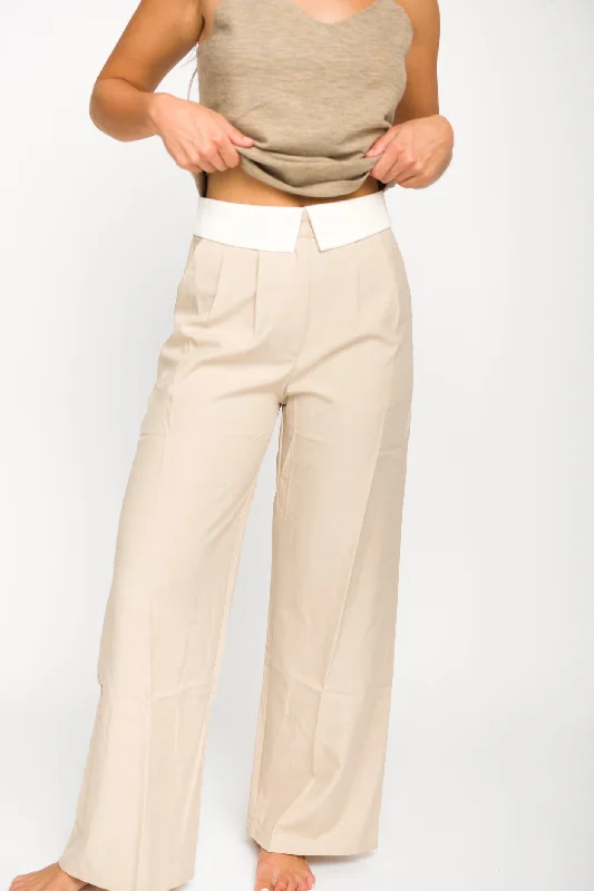 Stylish Women's Clothing Penelope Tailored Trousers With Contrast Folded Waist in Taupe/Beige