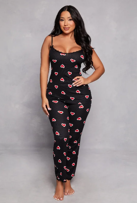 Charming Women's Outfit For Special Occasions Heart Print Pajama Cami and Pants Set