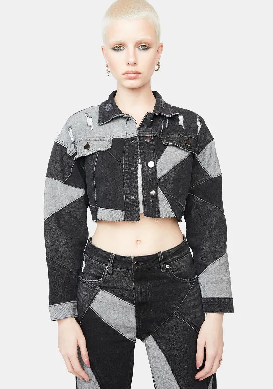 Vintage-Inspired Garments Slick Always Wonder Patchwork Denim Cropped Jacket