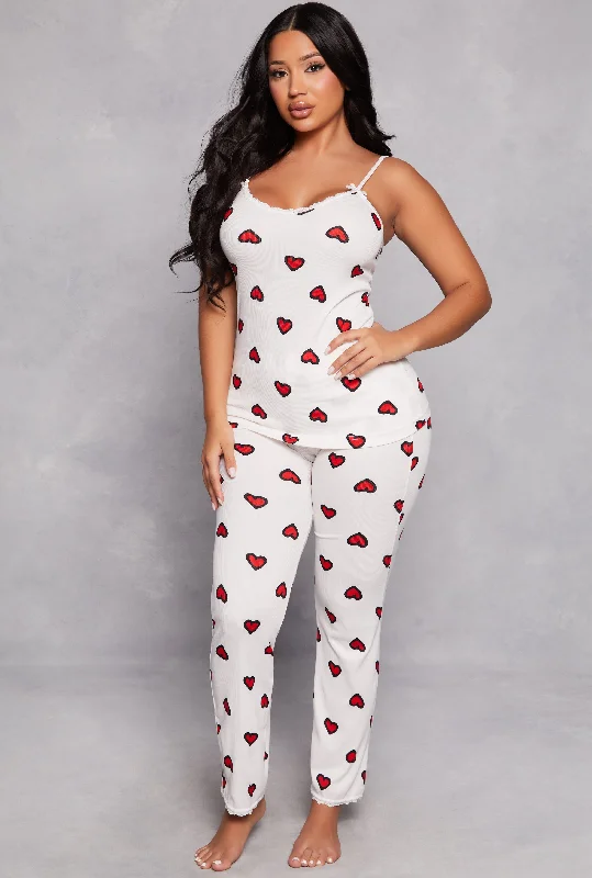 Women's Romantic Outfit Heart Print Pajama Cami and Pants Set