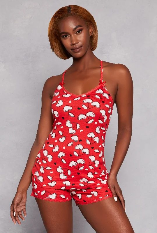 Modern Women's Attire Ribbed Knit Cherry Heart Pajama Cami and Shorts