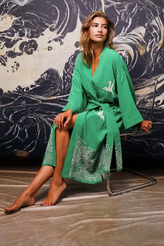 Formal Attire For Women Origami and Hokusai Wave Embroidered Fully Lined Island Green Long Kimono