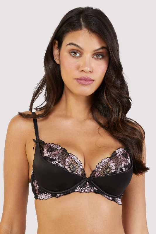 Women's Cozy Winter Attire Alicia Black and Pink Embroidered Plunge Bra