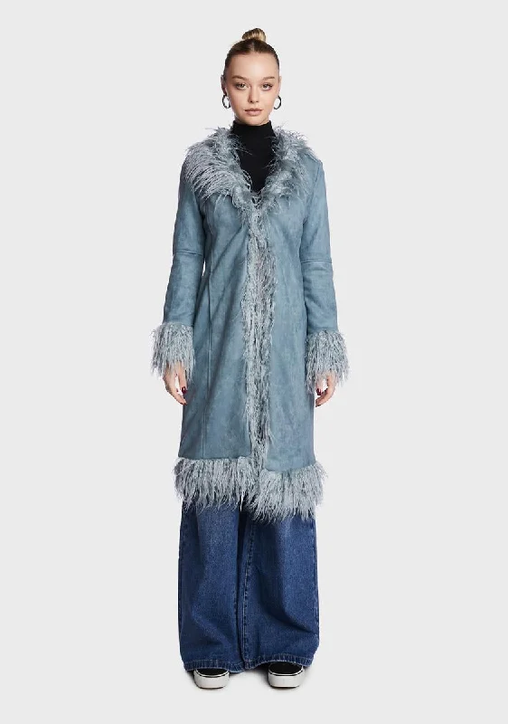 Casual Garments For Women Blue Faux Fur Trimmed Coat