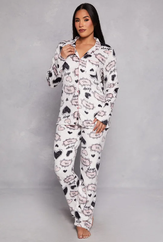 Women's Work Apparel Plush Graphic Print Pajama Shirt and Pants