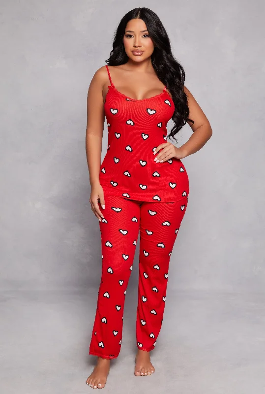 Women's Tailored Outfit Heart Print Pajama Cami and Pants Set