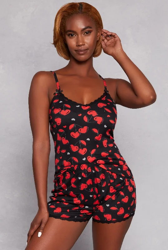 Women's Fashionable Attire For Work Ribbed Knit Cherry Heart Pajama Cami and Shorts