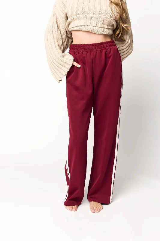 Vintage-Inspired Women's Clothes Sue Wide Leg Track Pants in Burgundy