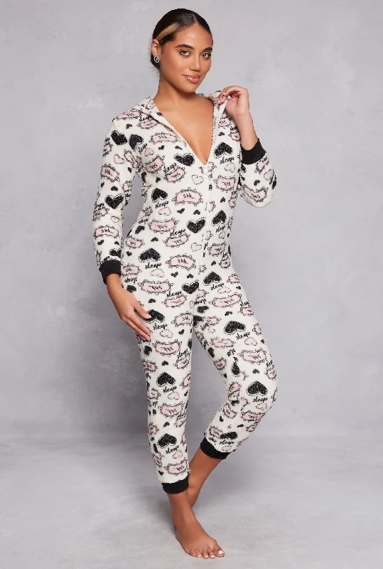 Trendy Athleisure Clothing For Women Plush Heart Sleep Graphic Hooded Pajama Onesie