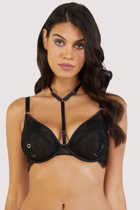 Women's Elegant Evening Attire Fairfield Black Fishnet And Lace Plunge Bra