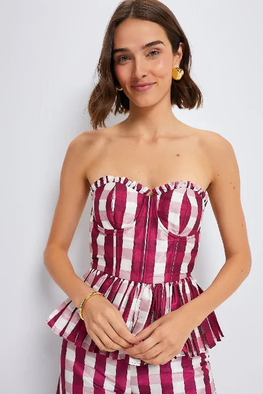 Women's Seasonal Garments Wine Gingham Charlotte Bustier with Three Way Sleeve