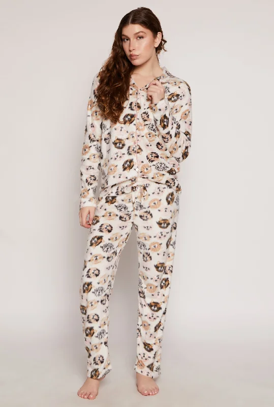 Affordable Luxury Women's Apparel Cat Print Pajama Shirt and Pants Set