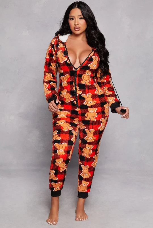 Women's Elegant Evening Outfit Teddy Bear Plaid Print Pajama Onesie