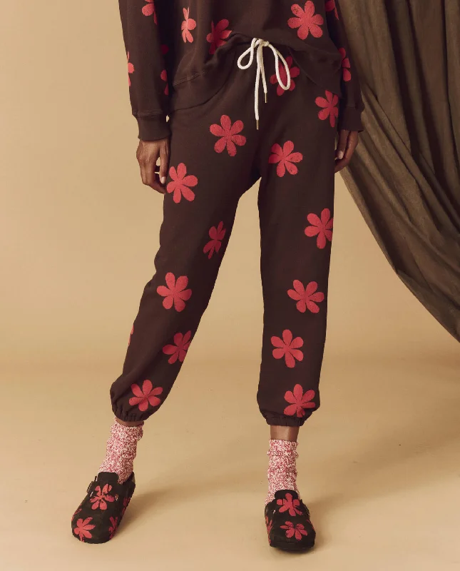 Women's Activewear Attire The Hand Stamped Stadium Sweatpant. -- Mocha with Hot Red Daisy