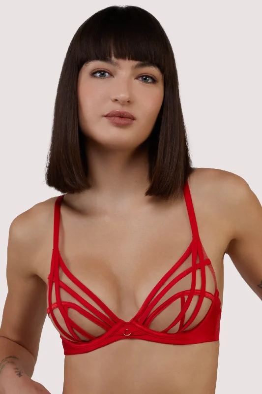 Women's Casual Clothing For Lounging Ramona red Strap Detail Illusion Sheer Plunge Bra