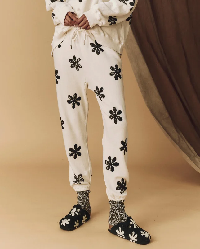 Women's Luxury Attire The Hand Stamped Stadium Sweatpant. -- Washed White with Black Daisy