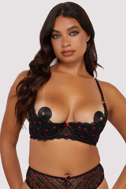 Women's Resort Garments Elodie Black and Red Rosebud Embroidery Quarter Cup Bra