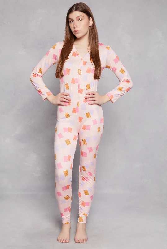 Sustainable Women's Clothing Teddy Print Button Front Pajama Onesie