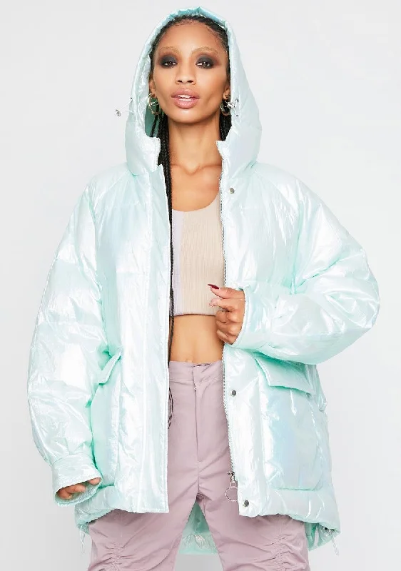 Women's Trendy Activewear Apparel Metallic Mint Hooded Puffer Jacket