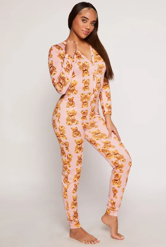 Chic Clothing For Women Teddy Bear Print Button Front Pajama Onesie