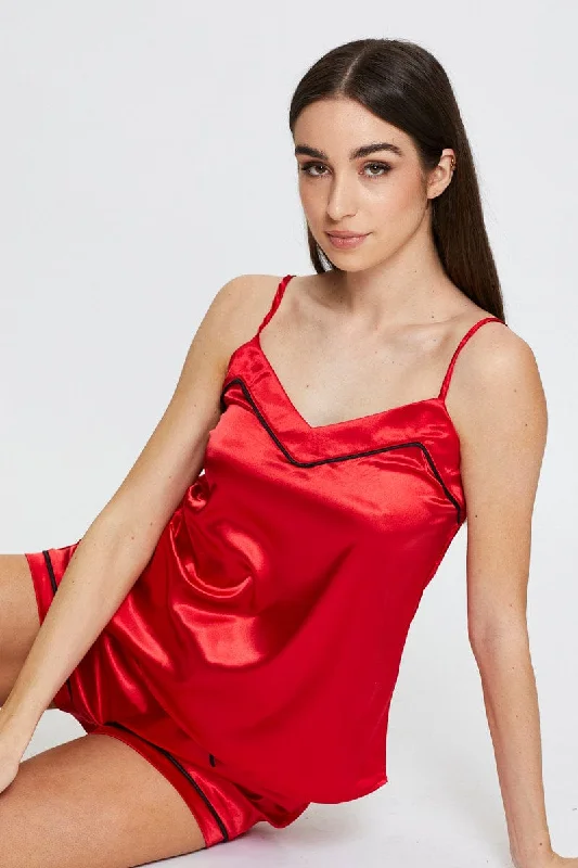 Women's Clothing For Work Red Satin Pajamas Set Sleeveless