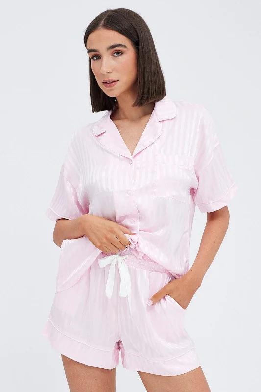 Elegant Clothing For Women Pink Stripe Satin Stripe Pj Piping Button Through Pyjama Set