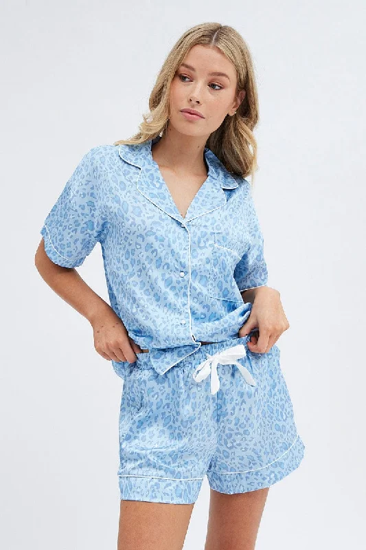 Women's Sporty Clothes Blue Animal Print Satin Pj Blue Leopard Contrast Piping Pyjama Set