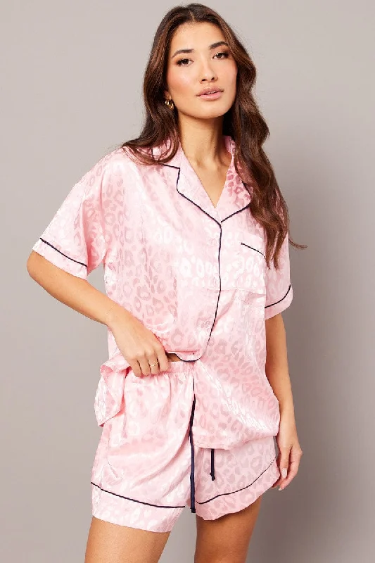 Women's Clothes For Outdoor Events Pink Pyjama Set Leopard Jacquard Piping Satin PJ