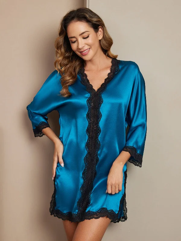 Women's Seasonal Wardrobe Clothing Pure Silk Elegant 3/4 Sleeve Lace Trimmed Nightgown