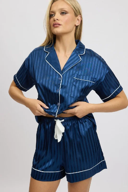 Women's Vintage Attire Blue Stripe Satin Pyjamas Set Short Sleeve