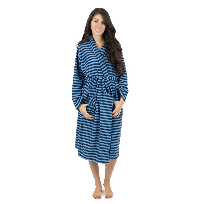 Women's Casual Outfit Womens Fleece Robe Blue and Navy Striped