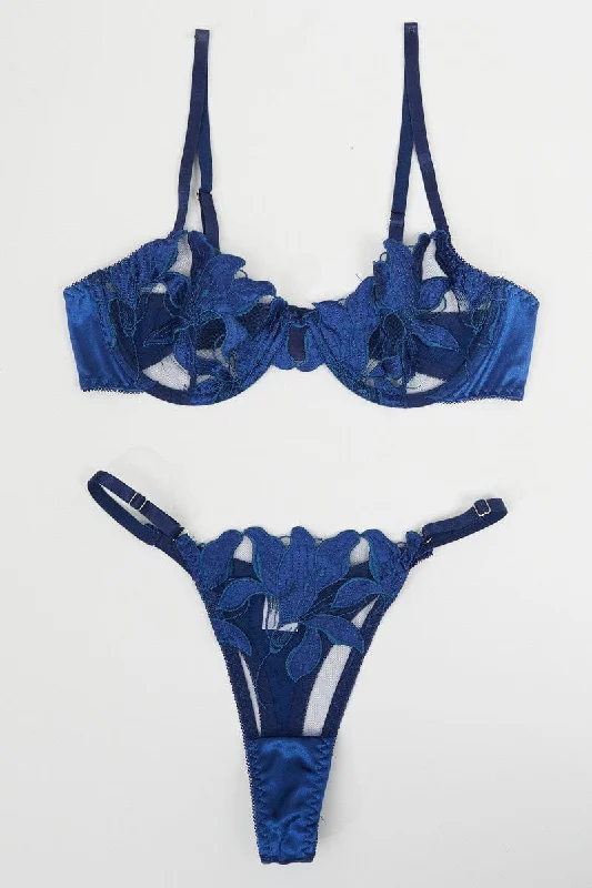 Vintage Clothing For Women Blue Embroidery Lingerie Set