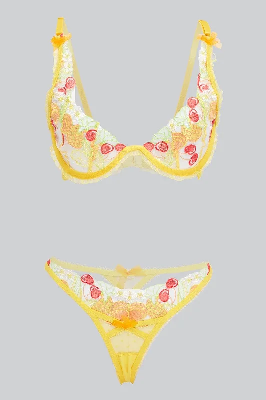 Women's Formal Clothes Yellow Fruit Embroidery Lingerie Set