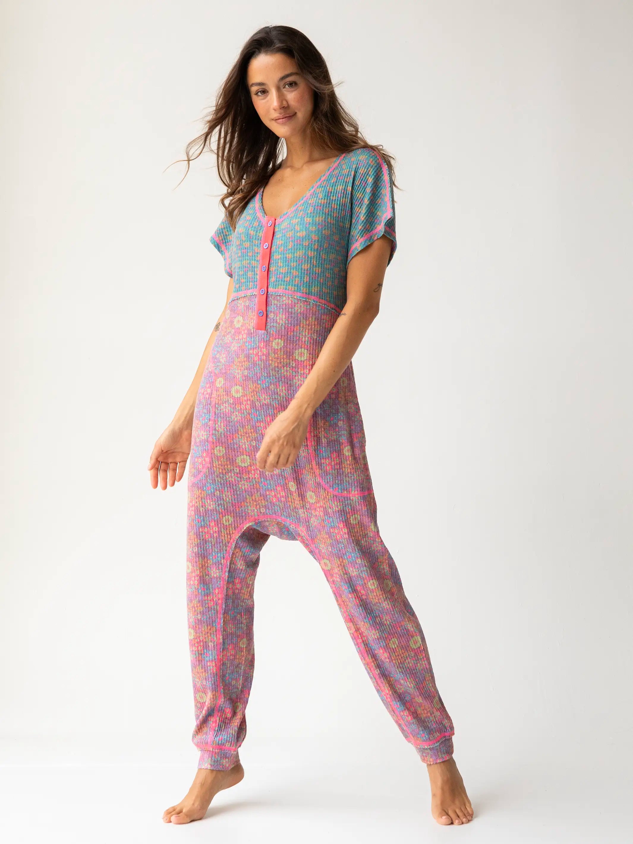 Women's Cozy Winter Attire Mix & Match Waffle Jumpsuit - Turquoise Hot Purple Mixed Floral