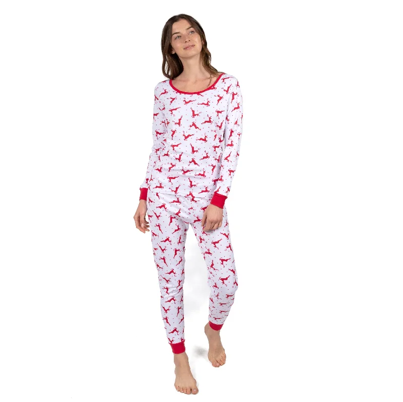 Women's Functional Outdoor Garments Christmas Womens Two Piece Cotton Pajamas Reindeer Red and White