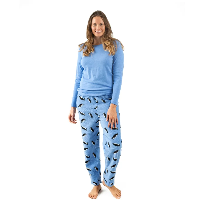 Women's Clothes And Garments Christmas Womens Cotton Top and Fleece Pant Pajamas Penguin