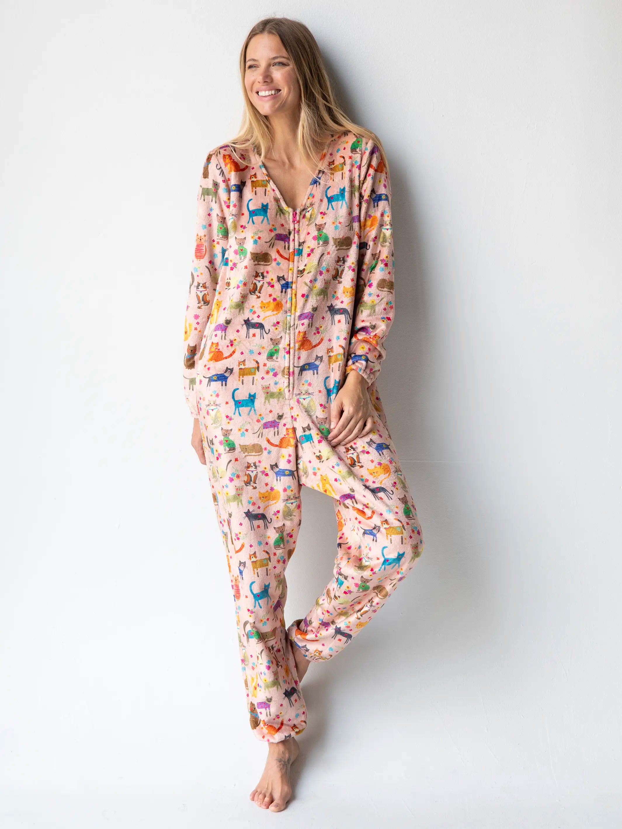 Women's Clothing With Trendy Designs Fleece Onesie Pajamas - Cat Floral Pink