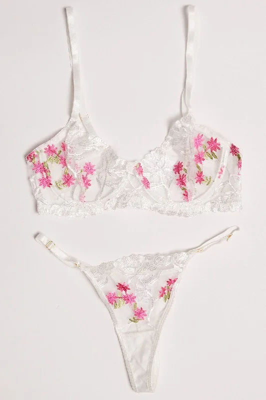 Women's Workout Garments White Flower Embroidery Lingerie Set