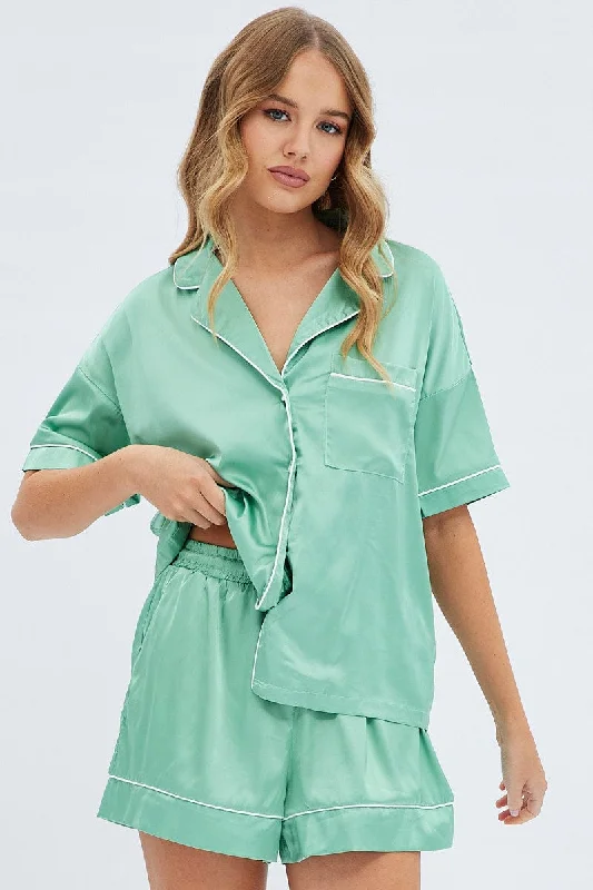 Women's Resort Apparel Green Satin Pj Piping Button Through Pyjama Set